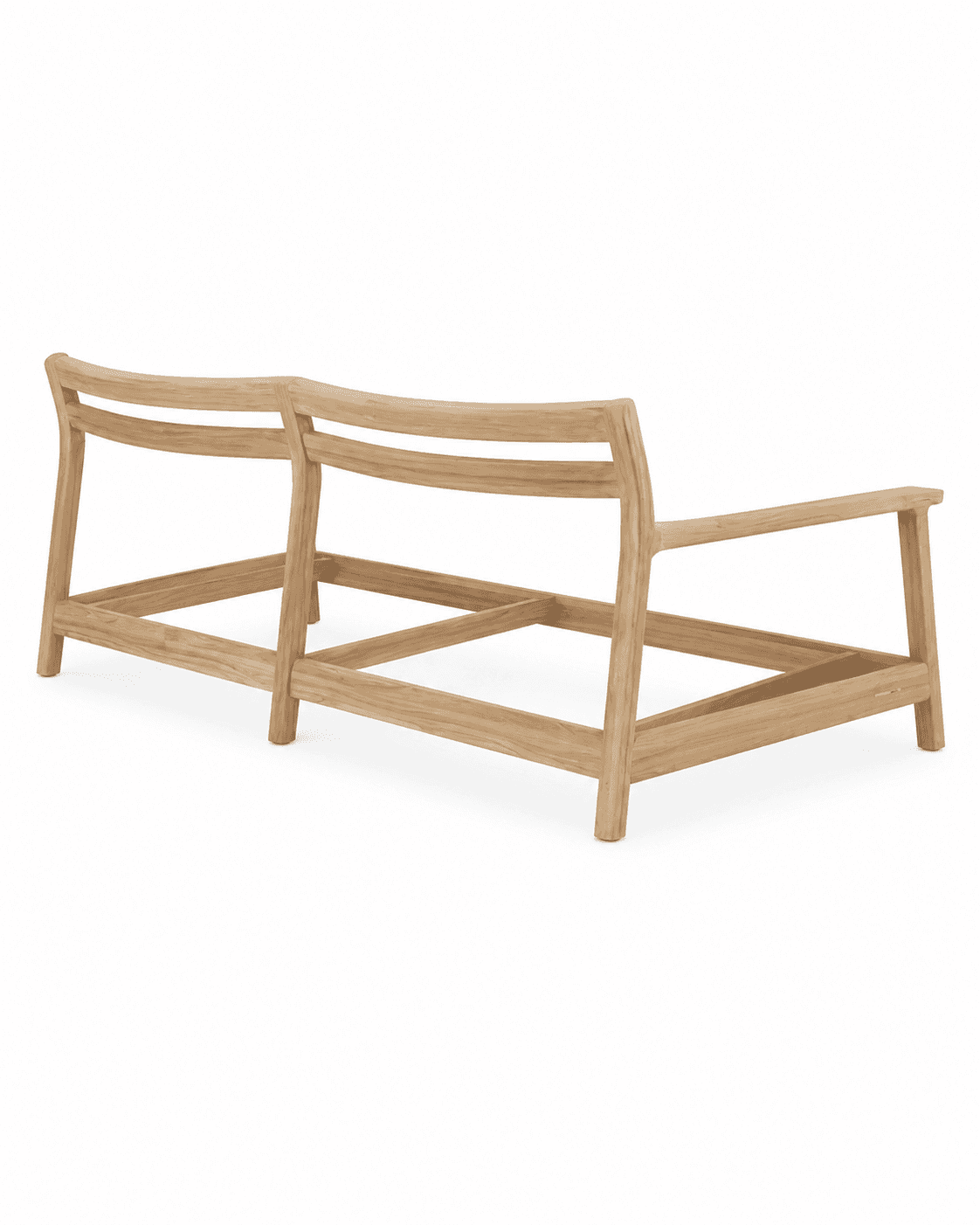 A minimalist two-seater sofa frame, constructed from light-toned natural wood, likely teak or oak. T… — 3D model