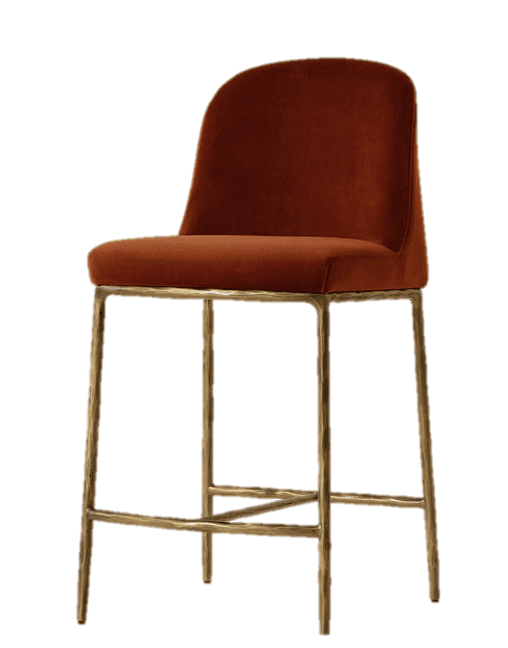 A contemporary bar stool featuring a burnt orange velvet upholstered seat and curved backrest, suppo… — 3D model