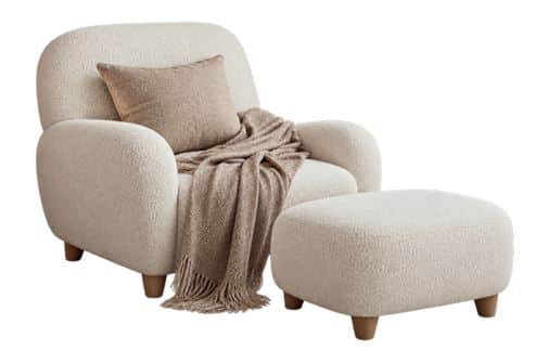 A contemporary lounge chair and matching ottoman upholstered in cream-colored boucle fabric. The cha… — 3D model