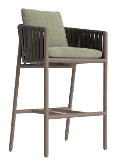 A modern bar stool with a powder-coated aluminum frame and woven rope accents on the back and armres… — 3D model