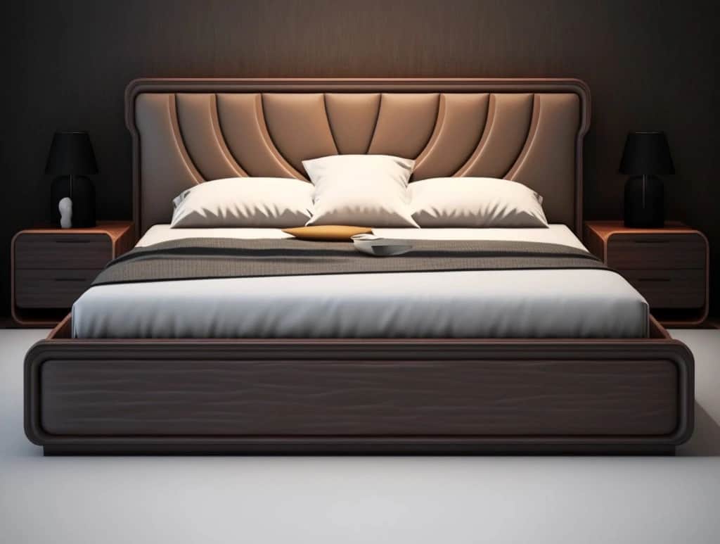 A modern platform bed featuring a dark wood frame and a distinctive upholstered headboard. The headb… — 3D model