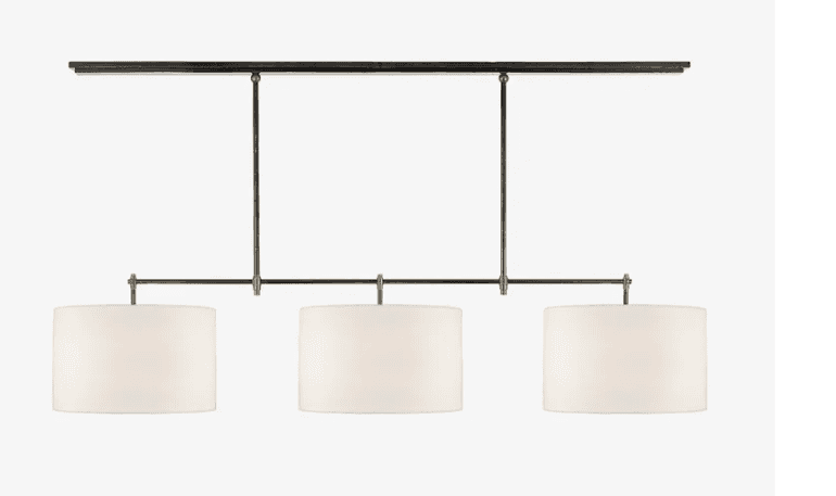 A linear chandelier featuring a dark metal frame with brass accents, suspending three white drum-sha… — 3D model