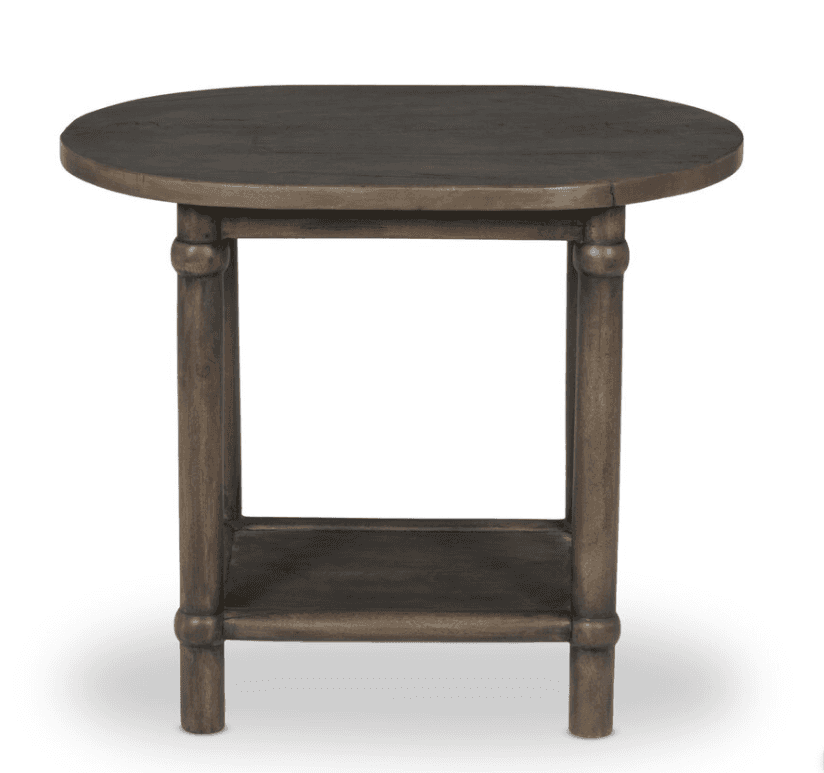 A small dark brown wooden side table featuring an oval top, four turned legs, and a practical lower… — 3D model