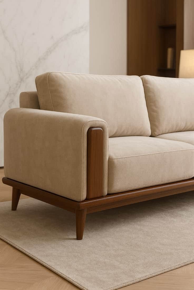 A modern two-seater sofa featuring a minimalist design, beige fabric upholstery, and a dark wood exp… — free GLTF 3D model