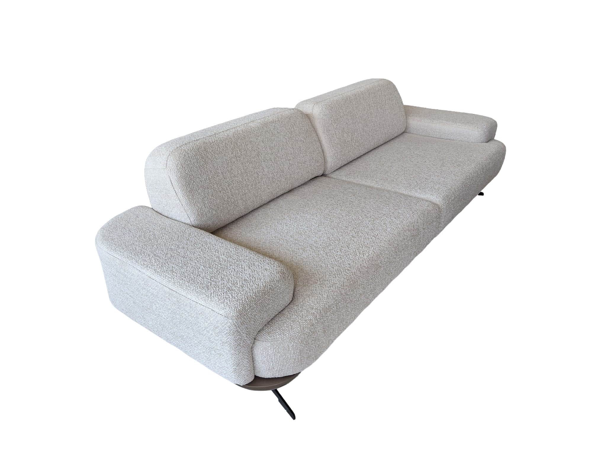 A contemporary two-seater sofa upholstered in a light-colored, textured fabric, featuring rounded ar… — free GLTF 3D model