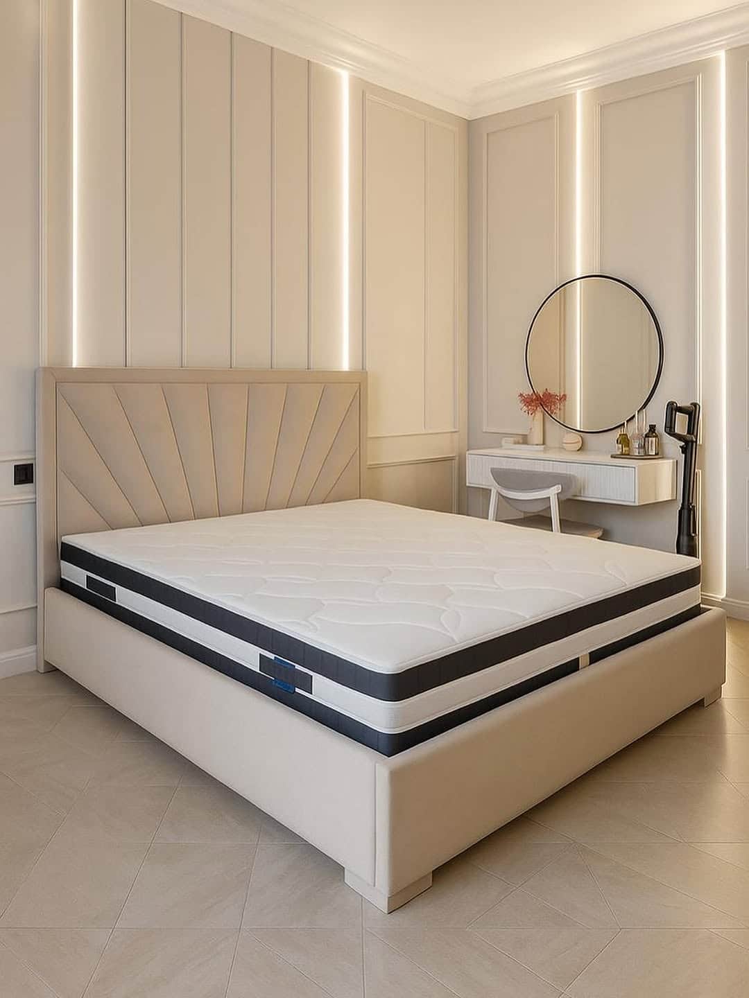 A modern upholstered bed frame featuring a distinctive fan-patterned headboard, paired with a contem… — 3D model