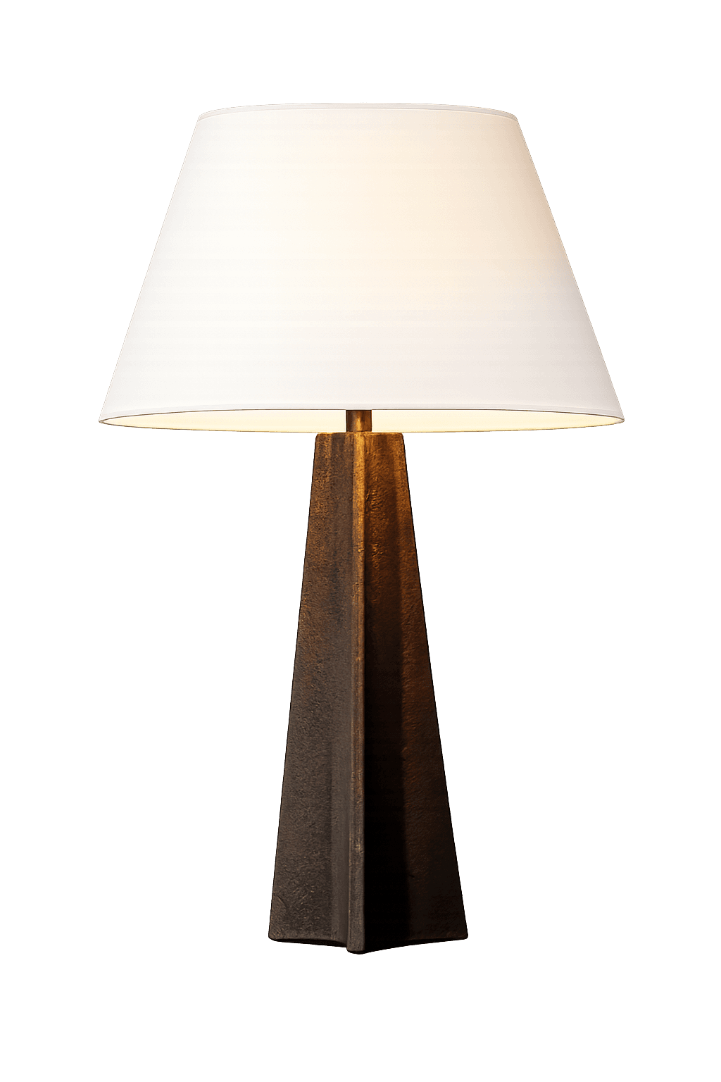 A table lamp featuring a robust, dark-textured tapered base and a classic white drum shade, presente… — 3D model