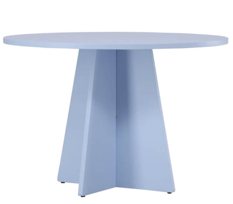 A light blue round dining table featuring a solid circular top supported by a distinctive pedestal b… — 3D model