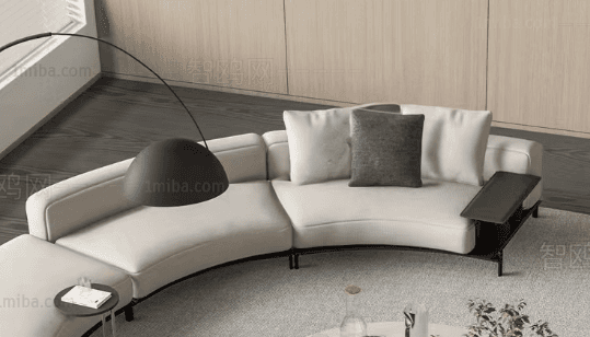 A modern, modular curved sectional sofa upholstered in light off-white fabric. The sofa features a s… — 3D model