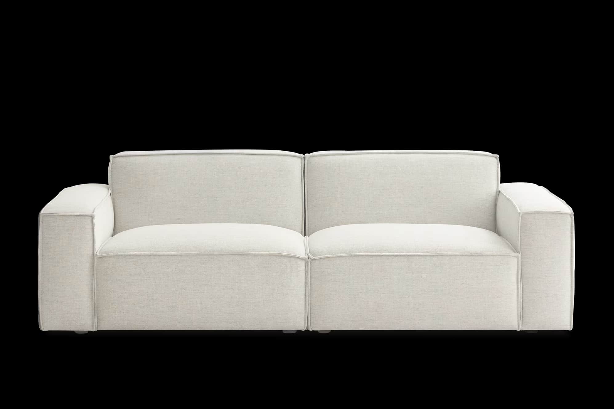A contemporary two-seater sofa upholstered in a light-neutral, textured fabric, featuring broad, squ… — 3D model