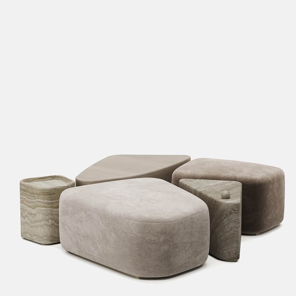 A collection of five ottomans with organic, irregular shapes and varied textures. Some are upholster… — free OBJ 3D model