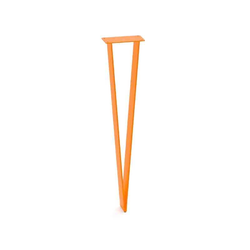 A single, bright orange metal hairpin leg designed for furniture assembly. It features a flat mounti… — 3D model