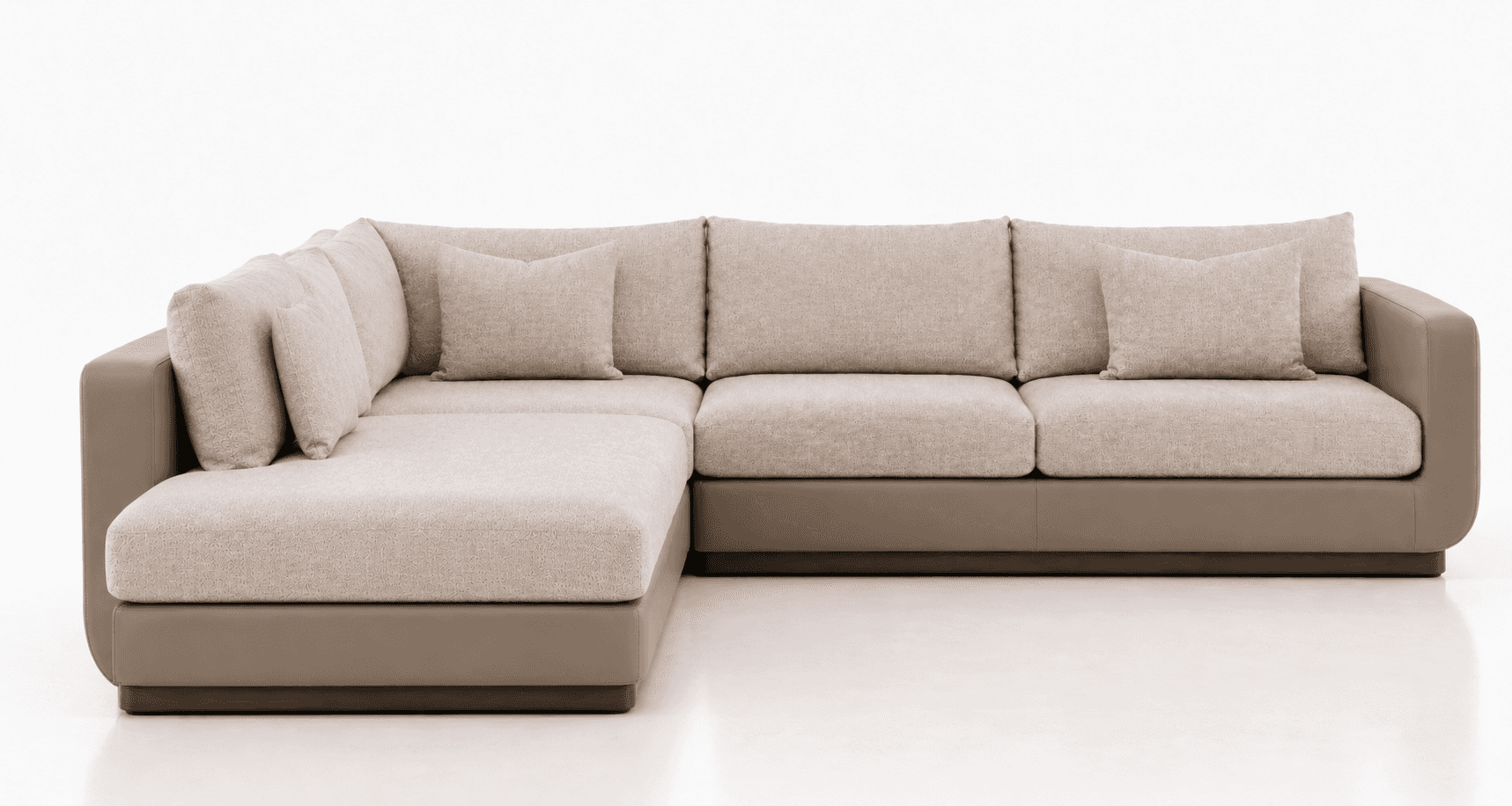 An L-shaped sectional sofa featuring a two-tone design. The base and broad, rounded arms are upholst… — 3D model