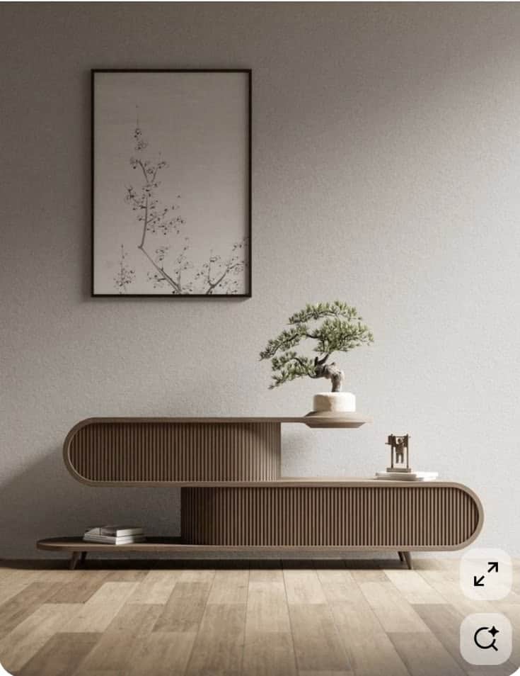 A contemporary S-shaped console table crafted from wood, featuring a medium-brown finish and distinc… — 3D model