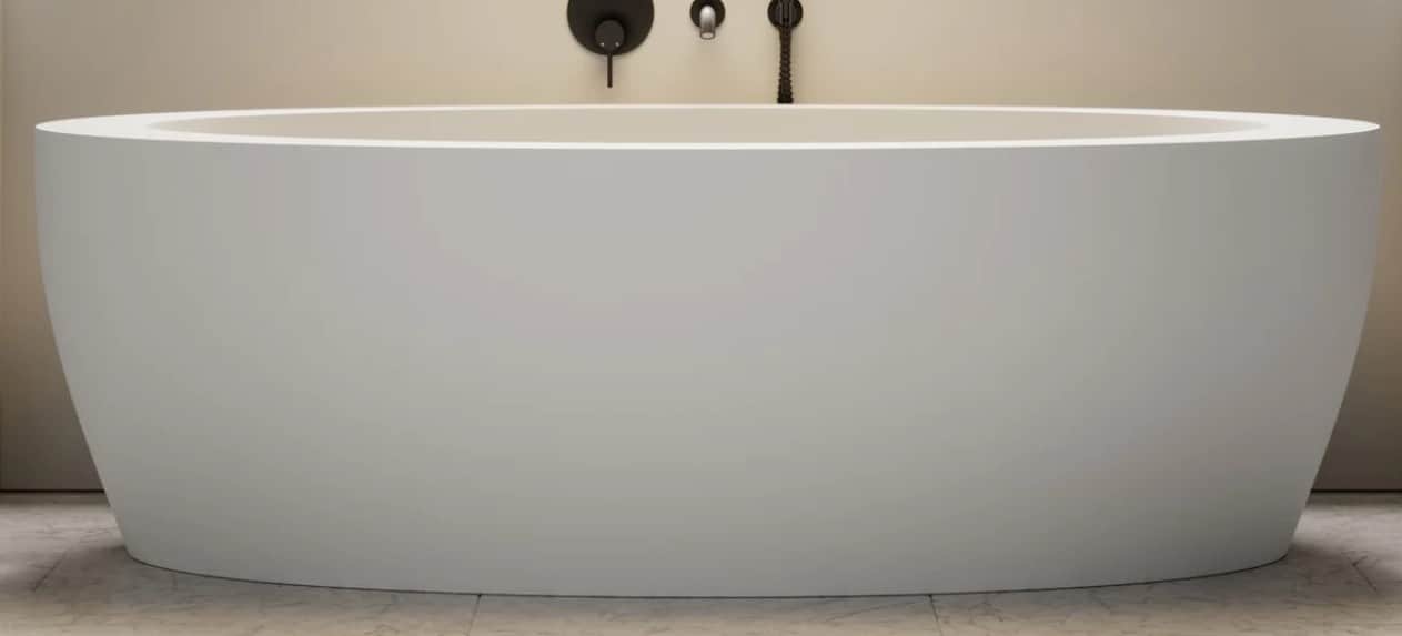 A pristine white freestanding oval bathtub rendered against a plain white background, showcasing a m… — 3D model