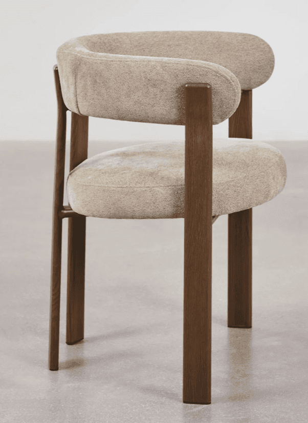 A contemporary accent chair with a curved backrest and seat, upholstered in a textured, light-colore… — 3D model