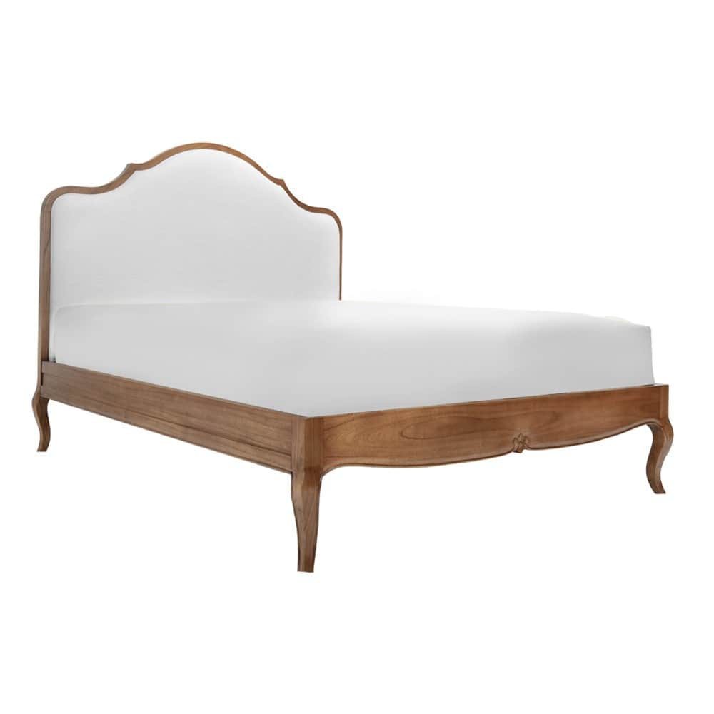 A wooden bed frame with an upholstered headboard and a white mattress. The frame features curved leg… — free BLEND 3D model