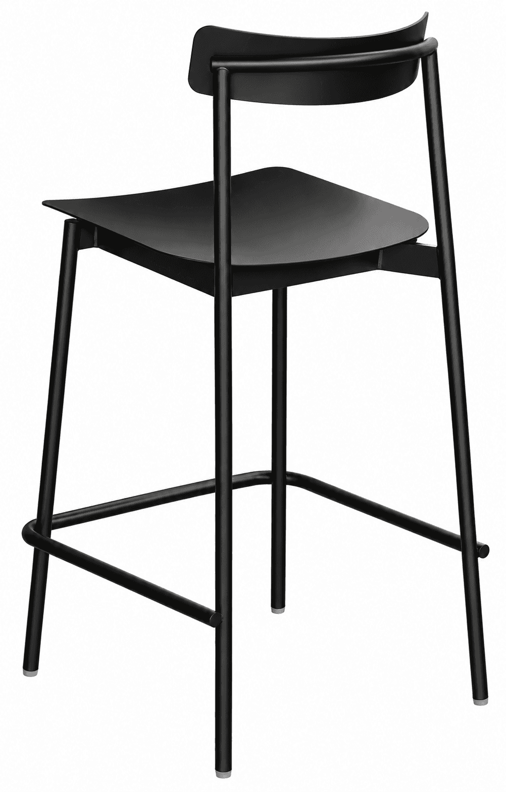 A contemporary black bar stool constructed from metal, featuring a minimalist design. It has a curve… — 3D model