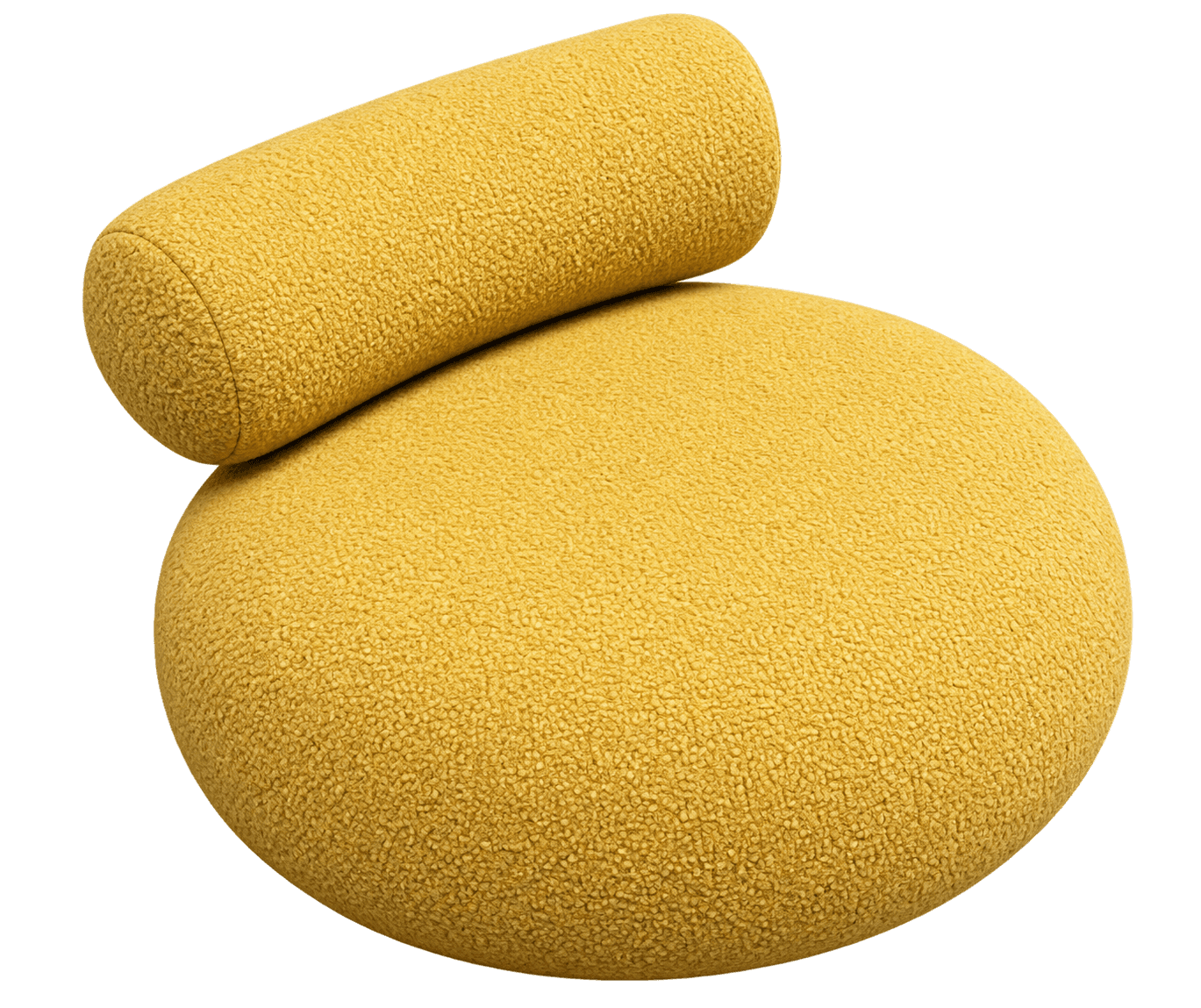 A contemporary lounge chair featuring a distinctive round form, upholstered in a vibrant yellow bouc… — 3D model