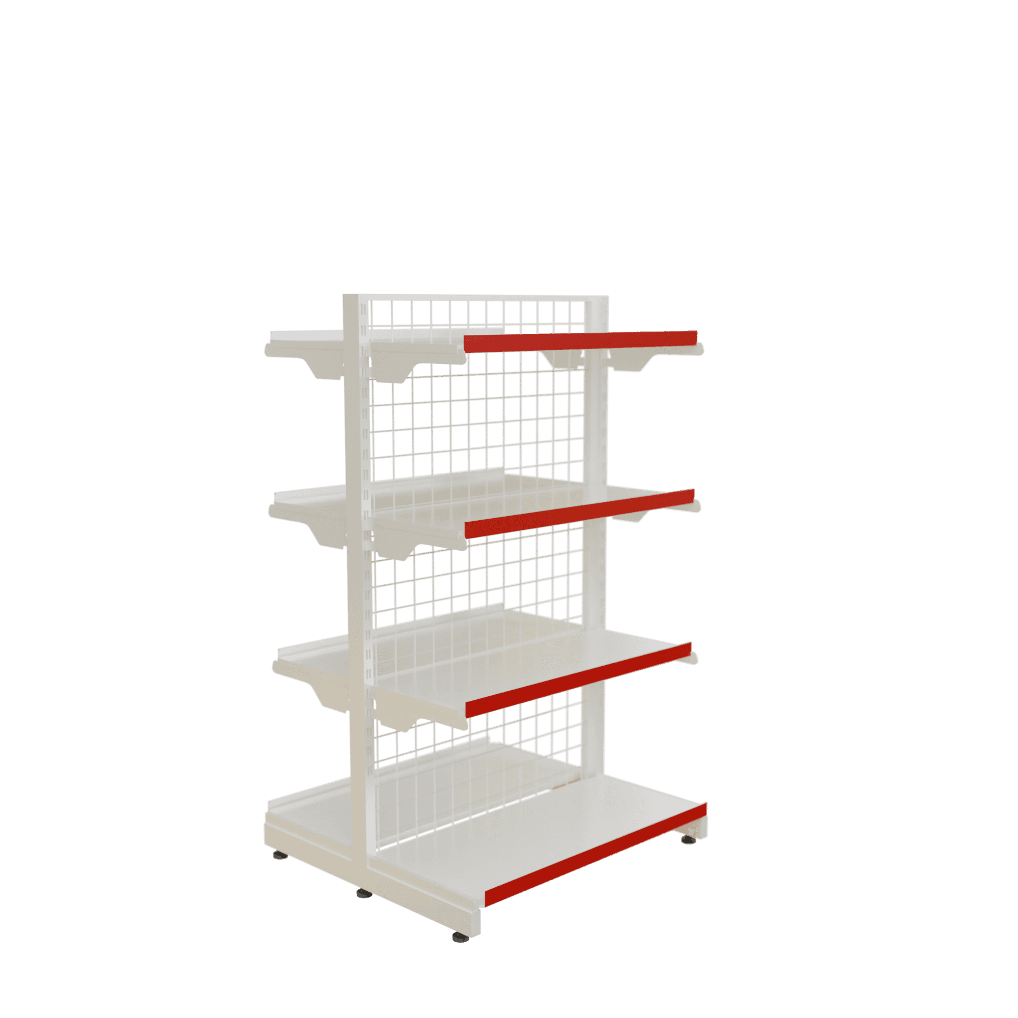 A white metal display shelving unit with four adjustable shelves and a grid-patterned back panel. Ea… — free BLEND 3D model