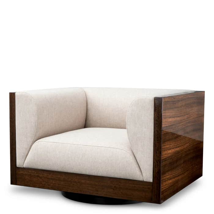 A modern lounge chair featuring a square, boxy dark wood veneer frame with a high-gloss finish, enca… — 3D model