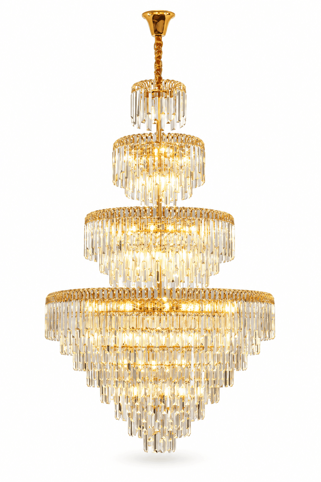 A large, multi-tiered chandelier featuring a polished gold-finished metal frame adorned with numerou… — 3D model