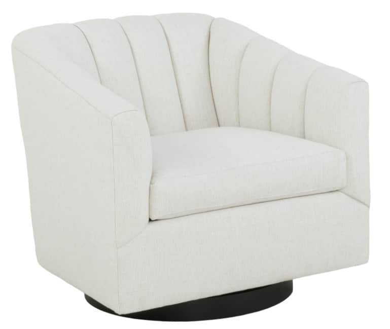 An off-white upholstered barrel-style swivel chair featuring a rounded backrest and integrated arms… — 3D model