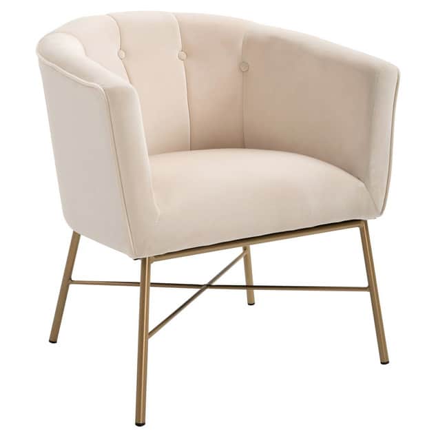 A contemporary cream-colored accent chair featuring a plush velvet upholstery, a rounded tufted barr… — free OBJ 3D model