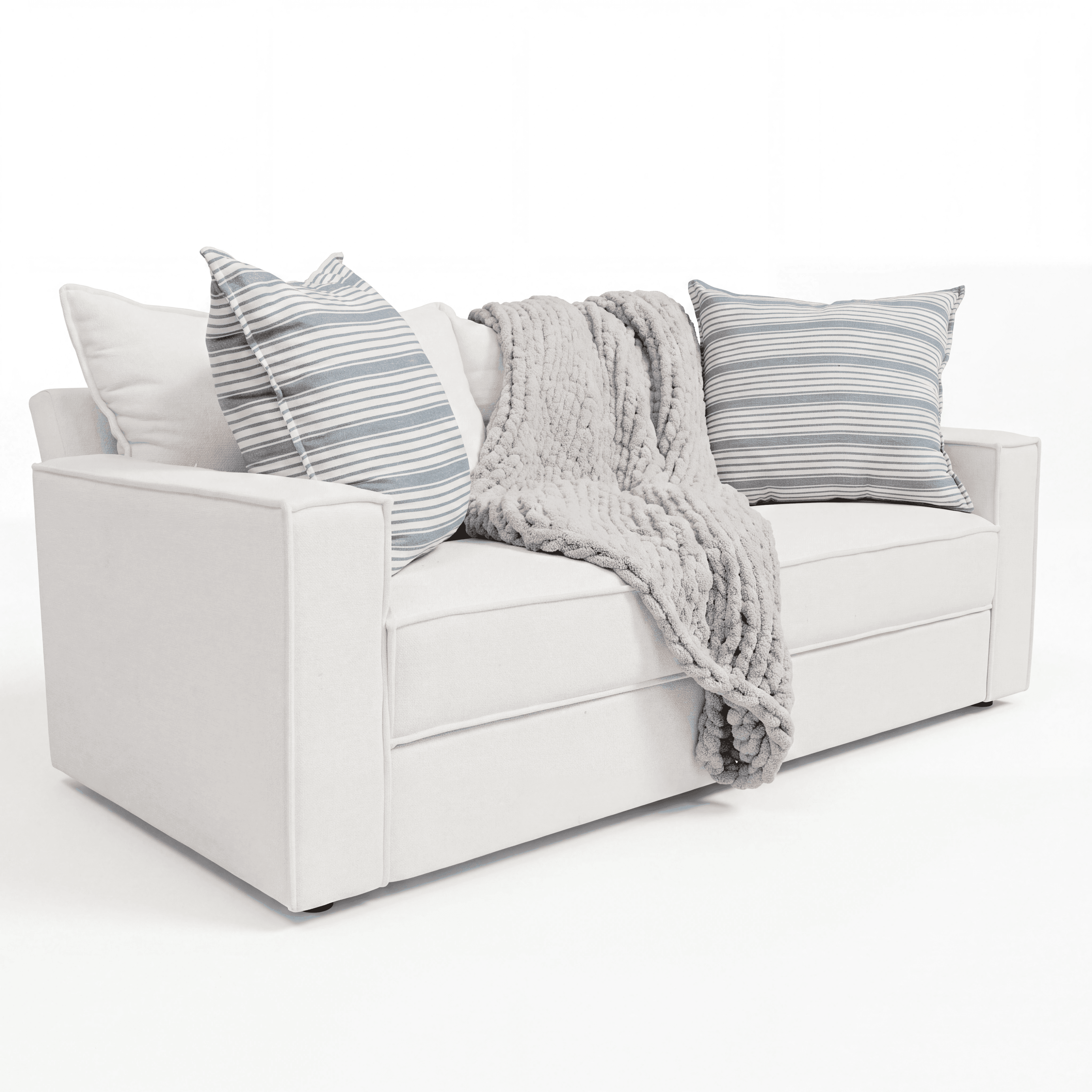 A contemporary two-seater sofa upholstered in a white fabric, featuring square track arms and adorne… — free GLTF 3D model
