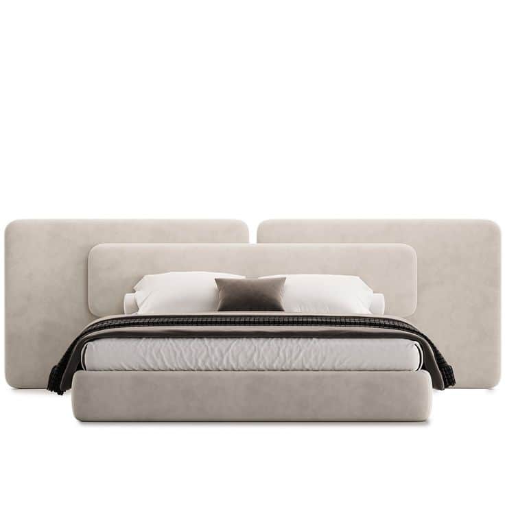 A contemporary upholstered platform bed with a distinctive layered headboard design, featuring multi… — 3D model