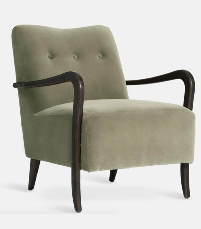A stylish Mid-Century style lounge armchair upholstered in sage green velvet, featuring a button-tuf… — 3D model