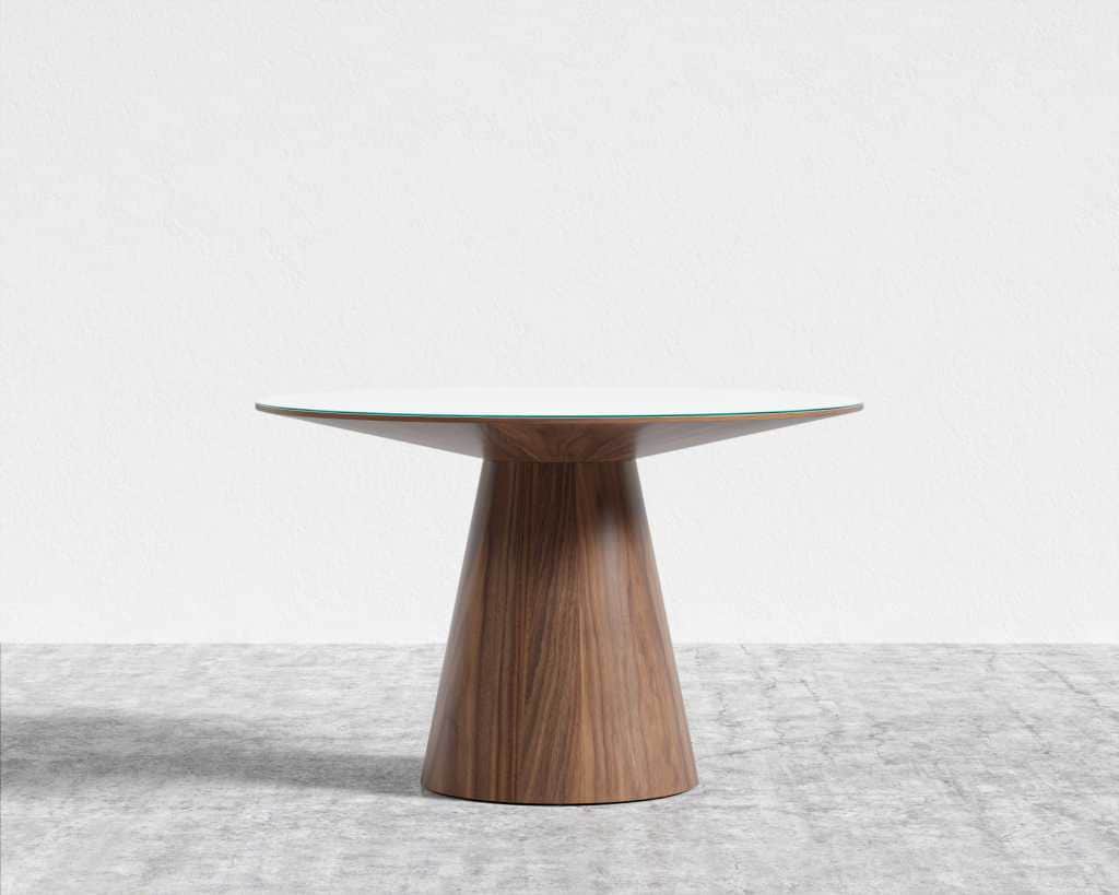 A modern end table with a tapered base and a round tabletop. The base is constructed from wood with… — 3D model