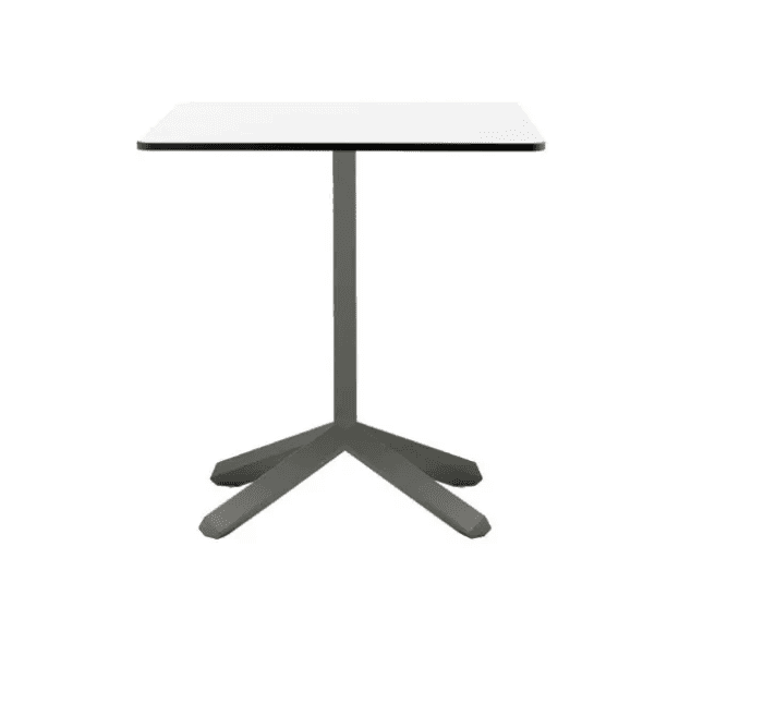 A modern square-top table with a central pedestal base featuring a four-pronged starburst design. — 3D model