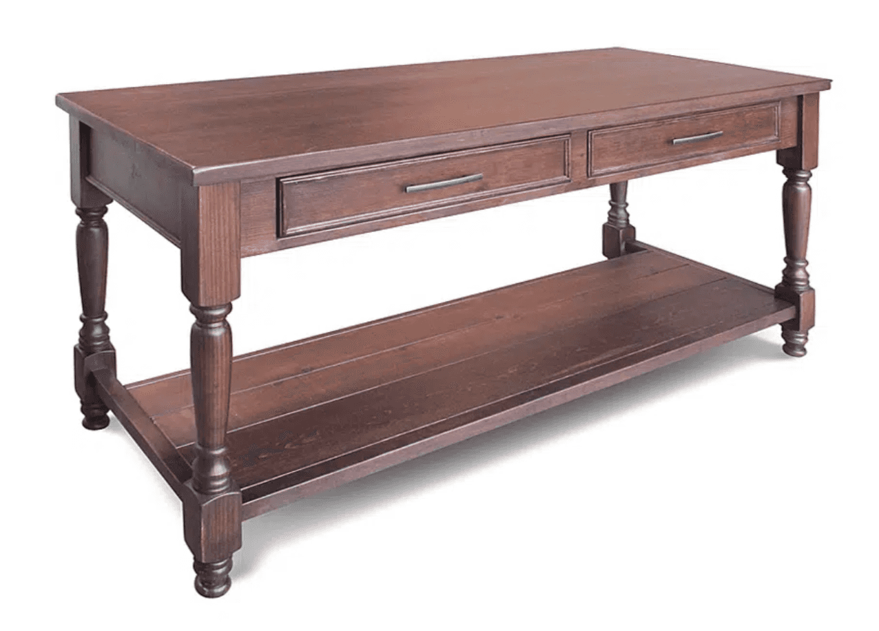A wooden console table with a rectangular top, two drawers with dark metal pulls, and a lower shelf.… — 3D model