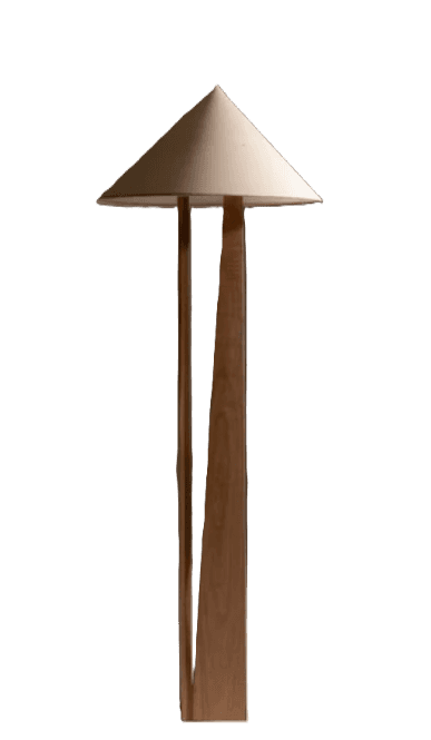 A floor lamp with a conical shade and a wooden base. The base is composed of two distinct wooden ele… — free OBJ 3D model