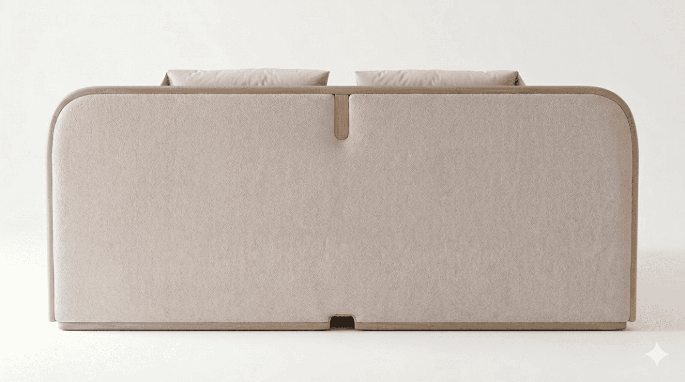 The image displays the rear view of a modern two-seater sofa, characterized by a clean, minimalist d… — 3D model