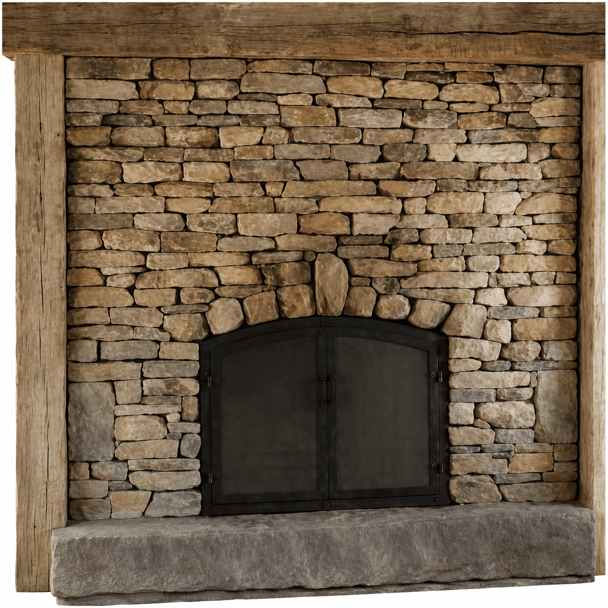 A rustic fireplace assembly featuring a facade of stacked natural stones, framed by rough-hewn timbe… — 3D model