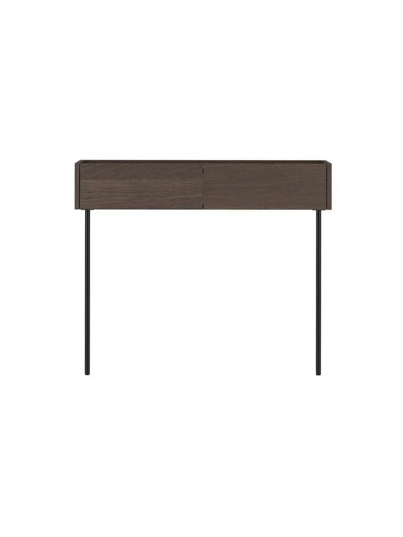 A modern and minimalist console table featuring a rectangular dark wood-effect top section with two… — 3D model