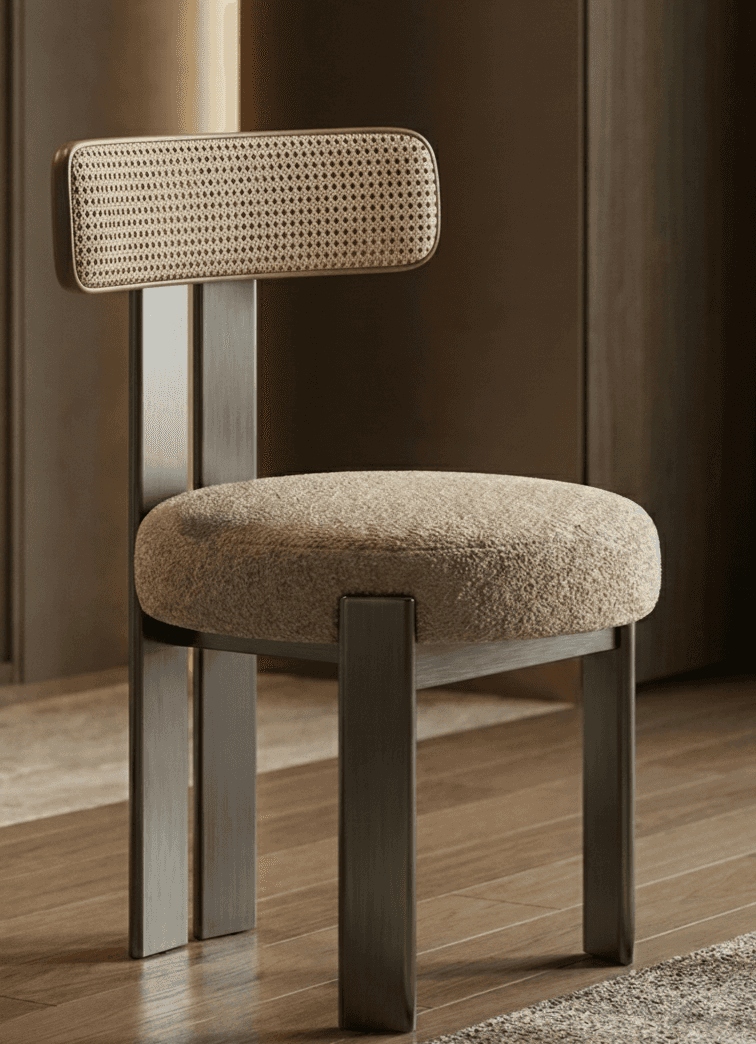 A contemporary dining chair featuring a rounded, thick upholstered seat in a light, textured fabric,… — 3D model