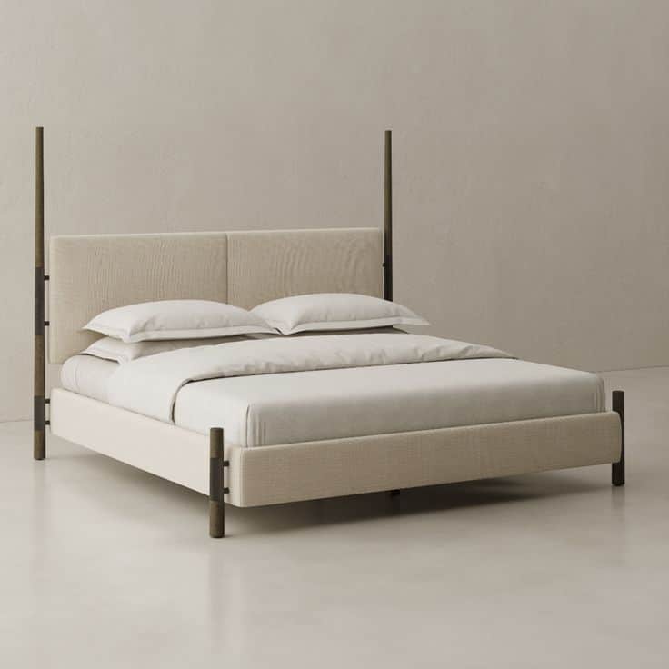 A modern upholstered four-poster bed featuring a minimalist design. The headboard and bed frame are… — free GLTF 3D model
