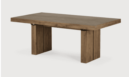 A rectangular dining table with a thick, solid wood top and two sturdy, block-style legs. The legs a… — 3D model