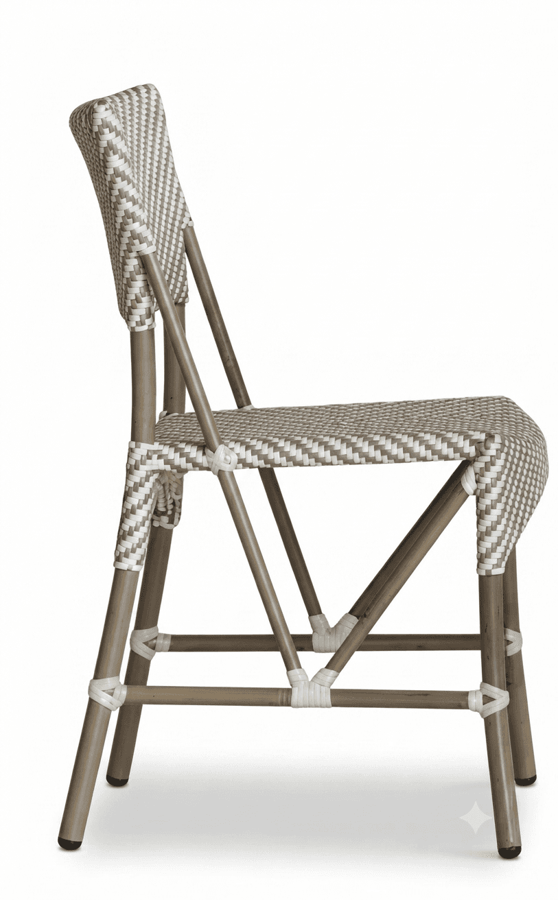 A bistro-style side chair featuring a frame designed to mimic bamboo, and a seat and backrest woven… — free GLTF 3D model