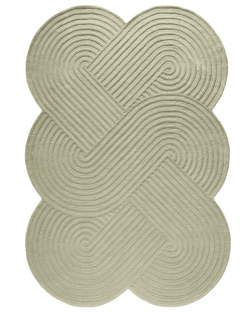 An overhead shot of a light sage green rug featuring an intricate, continuous braided design. The pa… — 3D model