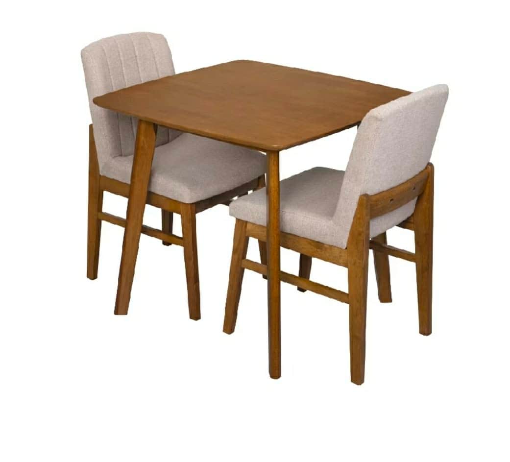 A compact dining set consisting of a square wooden table and two upholstered dining chairs. The tabl… — free OBJ 3D model