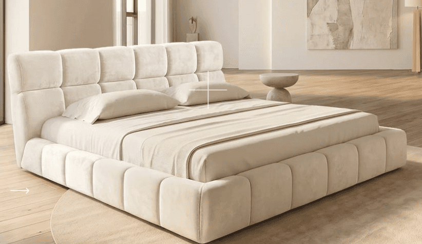A contemporary upholstered platform bed featuring a distinctive grid-tufted headboard and frame in a… — free BLEND 3D model