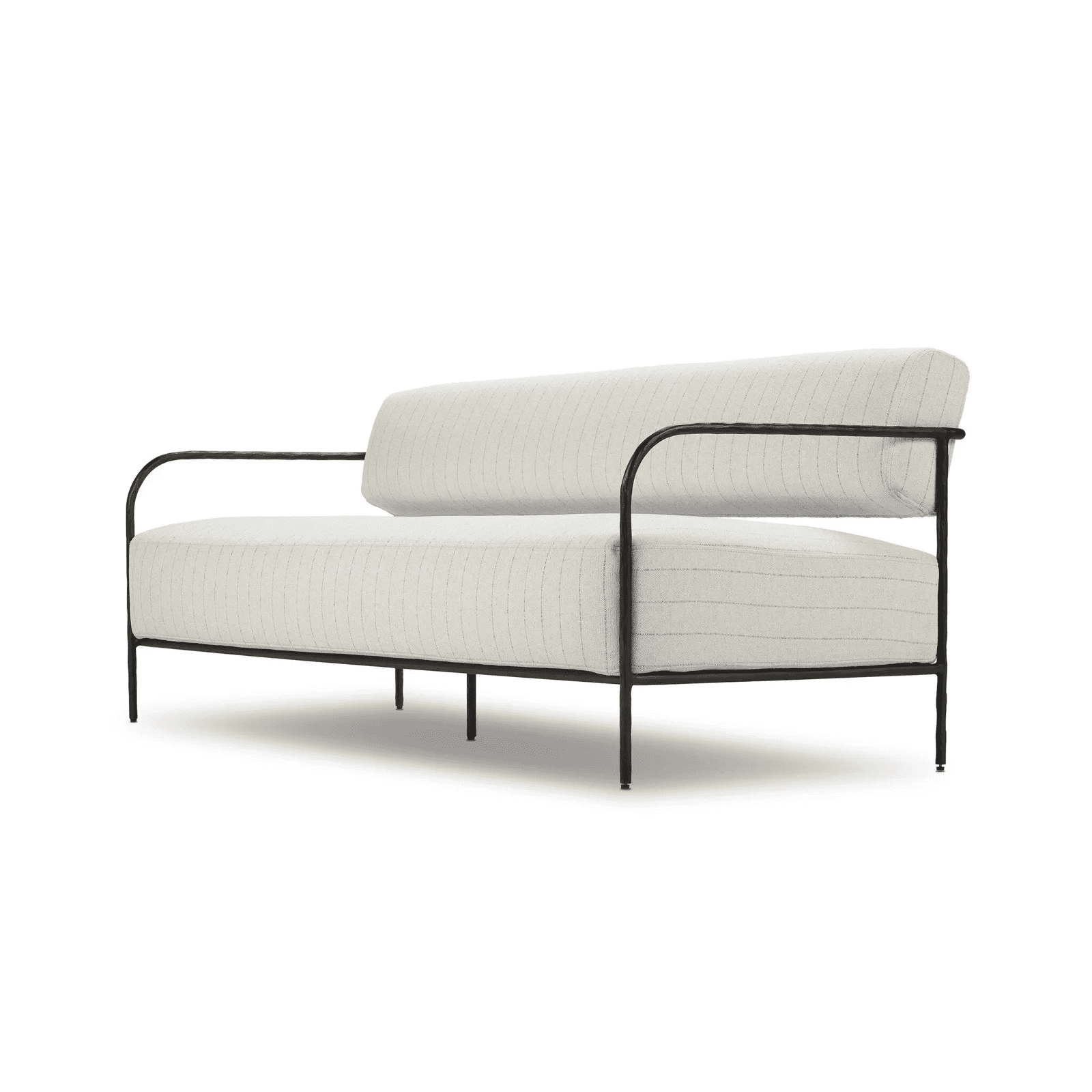 A two-seater upholstered loveseat featuring an exposed black metal frame and light pinstriped fabric… — 3D model