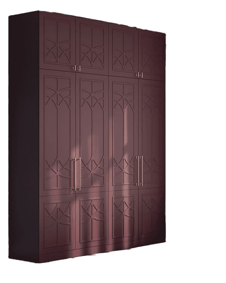 A tall, multi-door wardrobe with a dark burgundy finish. It features decorative paneling with geomet… — 3D model