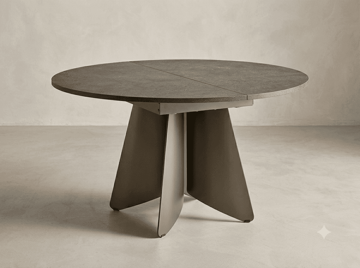 A contemporary round dining table with a dark gray, stone-effect top and a sculptural, multi-paneled… — 3D model