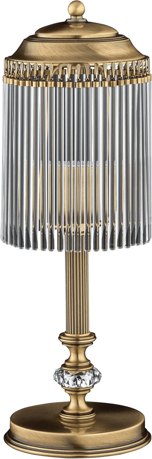 An ornate table lamp featuring an antique brass finish, a fluted central column, a faceted crystal s… — free SKP 3D model