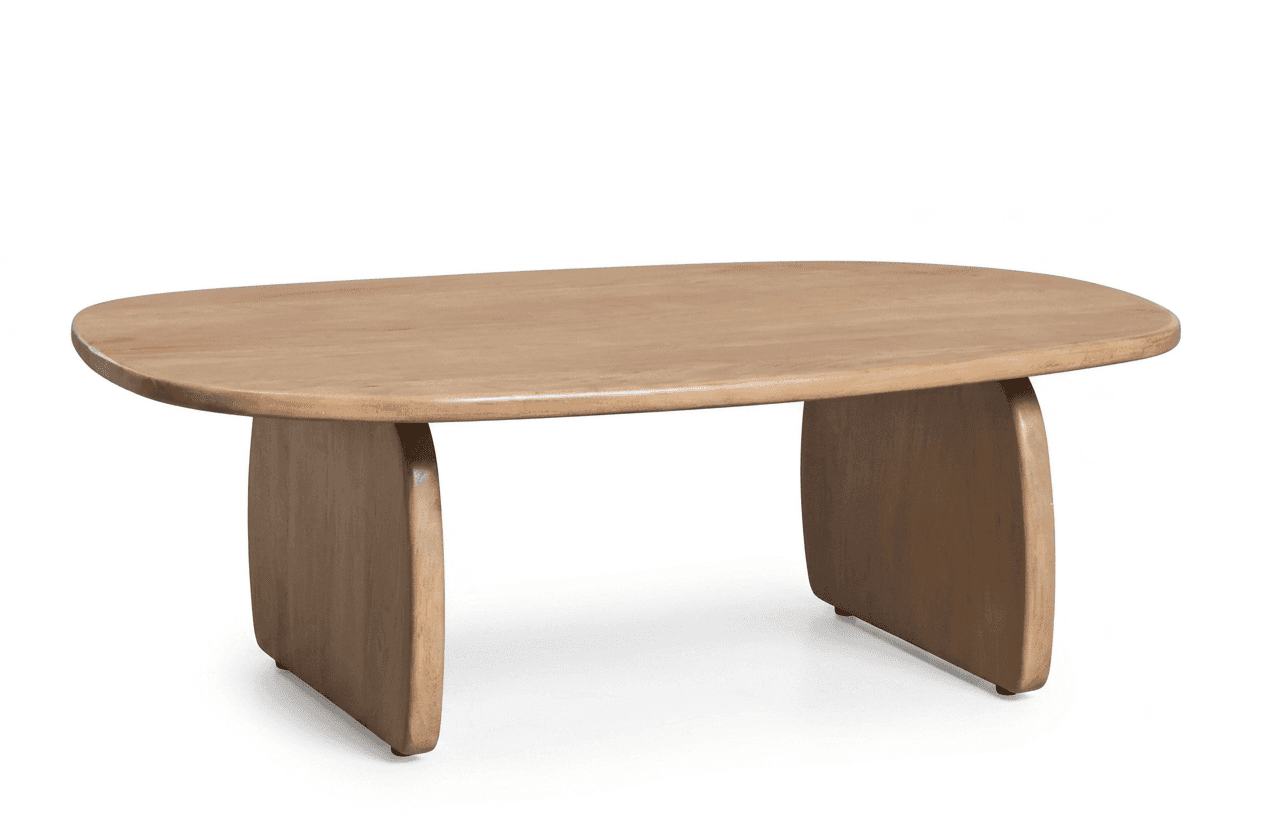 A light-colored wooden coffee table featuring an elongated, rounded rectangular tabletop supported b… — 3D model